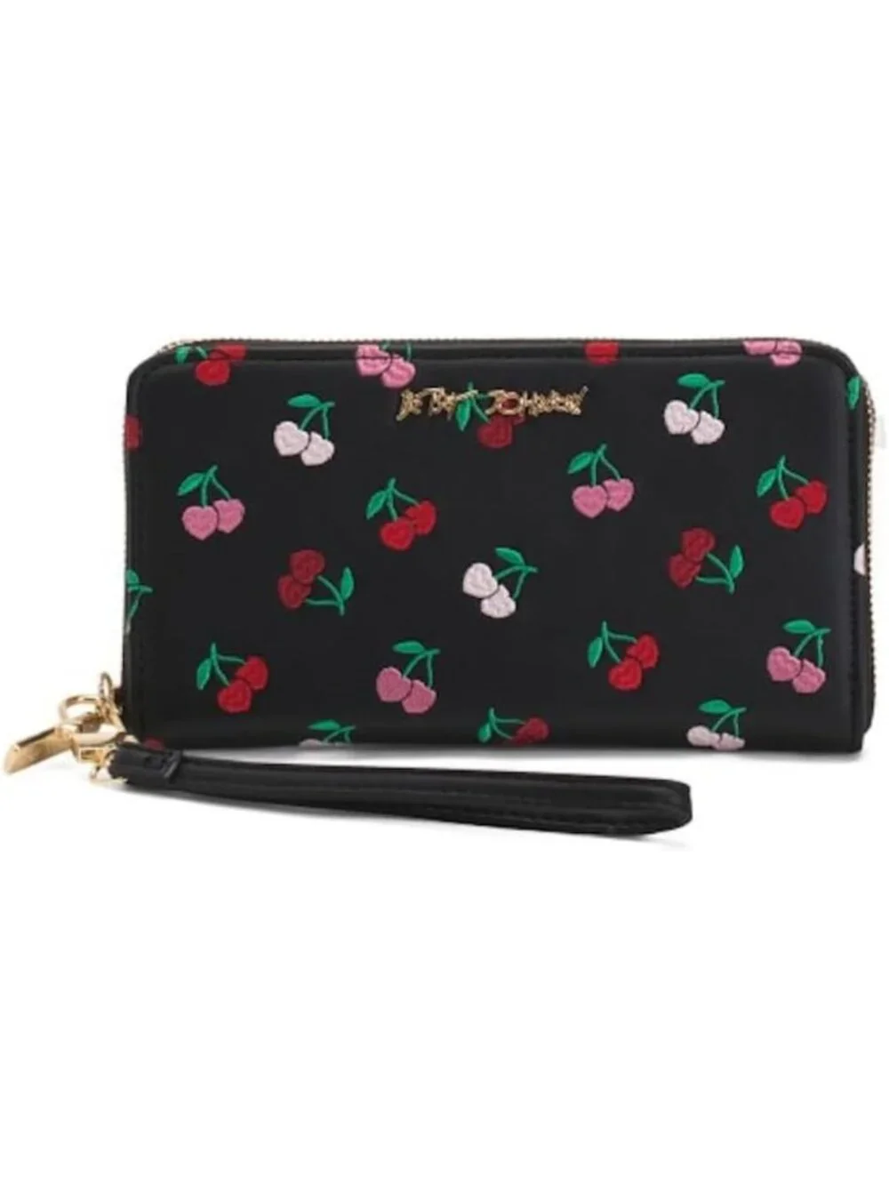 Chic Black Zip Around Wallet with Cherry Embroidery & Detachable Wristlet Strap